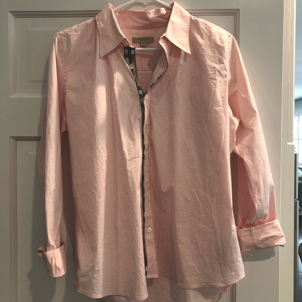Woman’s Burberry Button Down with collar and signature Burberry Plaid trim